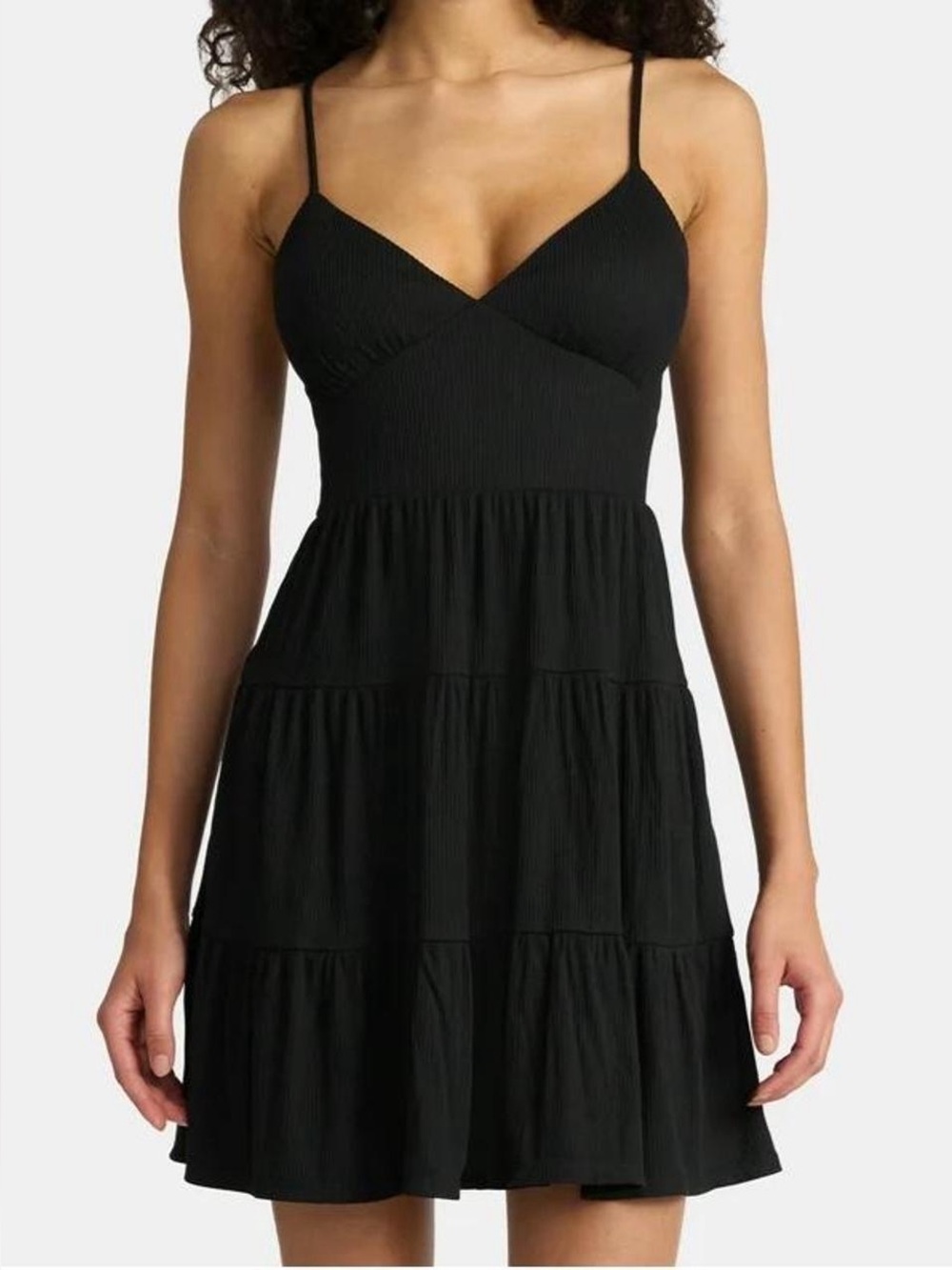 Black Spaghetti-Strap Ribbed Tiered Mini Sundress, Size L